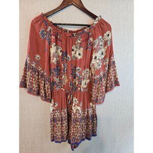 Angie Rust Floral Print Off-Shoulder Romper With Bell Sleeves & Waist Tie Size M